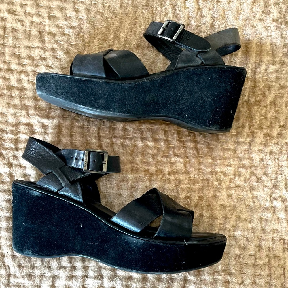 Kork-Ease Ava Classic Platform Wedge Sandals in Black Vachetta Leather Size 9 - Picture 3 of 6